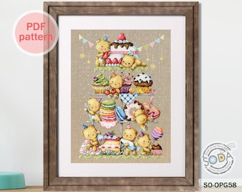 Patrón de punto de cruz en PDF: Bandeja de postres con forma de osito de peluche, cupcake, donut y macarrón, SO-OPG58 'Osito Dulce'