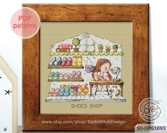 Cross Stitch Pattern pdf Modern, SO-OPG1693 'Pop-up Store_SHOES SHOP'