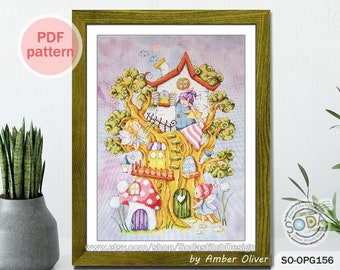 Cross Stitch Pattern pdf Elf Fairy Pixie Sprite House Cute Modern xstitch instant pdf download counted,SO-OPG156 'Elf Tree'