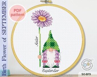 Cross Stitch Pattern pdf Gnome Fairy Elf Pixie Month, SO-BF9 'Birth Flower of September'