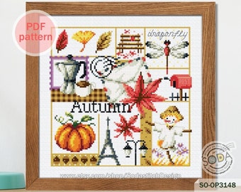 Four Seasons AUTUMN Cross Stitch Pattern,Sampler Cross Stitch chart,Counted Cross Stitch pattern,SO-OP3148 'Four Seasons_AUTUMN'