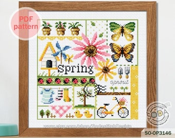 Four Seasons SPRING Cross Stitch Pattern,Sampler PDF Cross Stitch chart,Counted Cross Stitch pattern,SO-OP3146 'Four Seasons_SPRING'