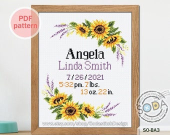 Patrón de punto de cruz en PDF para anuncio de nacimiento, regalo para recién nacido, decoración para habitación de bebé, SO-BA3 'Girasol'