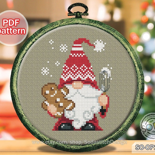 Christmas Cross Stitch Pattern pdf Santa Rudolph Snowflake Cute Christmas Ornament for Beginner Instant Download,SO-OP256A 'Santa Gnome'