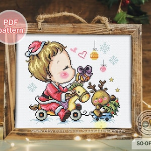Christmas Cross Stitch Pattern,Winter Holiday Santa Rudolph Present Modern Instant pdf Download Counted Chart,SO-OP3191 &#39;Christmas Boy&#39;