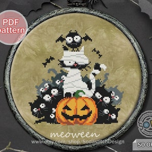 Cross Stitch Pattern pdf Halloween Funny Cute Cats Kitty Kitten Pumpkin Modern Season Autumn Fall ,SO-OP245 'Meoween'