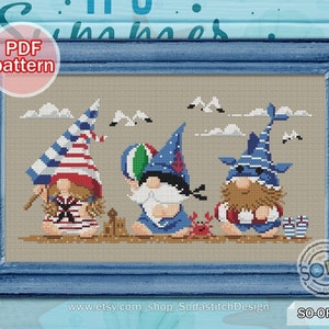 Cross Stitch Pattern pdf Gnome Summer Holiday Vacation Fairy Elf Pixie Winter Funny Modern Counted Instant Download,SO-OP273 'Beach Gnome'