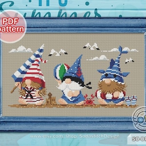 Cross Stitch Pattern pdf Gnome Summer Holiday Vacation Fairy Elf Pixie Winter Funny Modern Counted Instant Download,SO-OP273 &#39;Beach Gnome&#39;