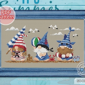 Cross Stitch Pattern pdf Gnome Summer Holiday Vacation Fairy Elf Pixie Winter Funny Modern Counted Instant Download,SO-OP273 'Beach Gnome'