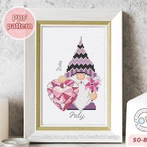 May include: Cross stitch pattern featuring a gnome holding a pink ruby heart with the text "Ruby" and "July" on a white background. The pattern is titled "Birthstone of July" and is available as a PDF download.