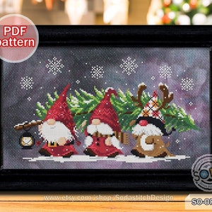Christmas Cross Stitch Pattern pdf Gnome Christmas Tree Fairy Elf Pixie Winter Funny Cute Modern Instant Download,SO-OP254 &#39;Tree Delivery&#39;