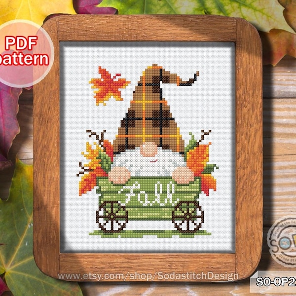 Cross Stitch Pattern pdf Gnome Autumn Fall Elf Fairy Easy Simple Modern for Beginner Download Counted Chart,SO-OP2109B 'Leaves Collector'