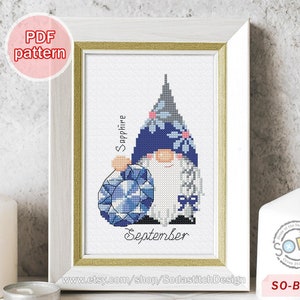 September Birthstone Sapphire,Gnome Fairy Elf Pixie Sprite Pattern,PDF chart,Counted Cross Stitch pattern,SO-BS9 &#39;Birthstone of September&#39;