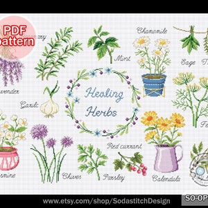 Patrón de punto de cruz de flores y plantas aromáticas, descarga instantánea en PDF, SO-OPG180 "Hierbas curativas"
