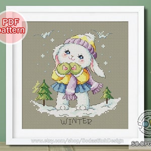 Cross Stitch Pattern pdf Animal Cute Bunny Rabbit Four Season Modern Instant pdf Download Counted,SO-OPG174D 'Four Seasons Bunny_WINTER'