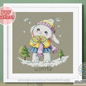 Cross Stitch Pattern pdf Animal Cute Bunny Rabbit Four Season Modern Instant pdf Download Counted,SO-OPG174D &#39;Four Seasons Bunny_WINTER&#39;