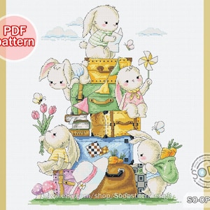 Cross Stitch Pattern pdf Rabbit Bunny Cute Animal Travel Tour Trip Easter Modern Instant pdf Download Counted,SO-OPG164 &#39;Rabbits&#39; journey&#39;