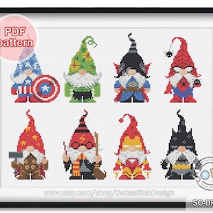 May include: A framed cross-stitch pattern showing eight gnomes dressed as superheroes and other characters. The gnomes are in various colours, including red, blue, green, and black. The text "PDF pattern" is in the upper left corner.