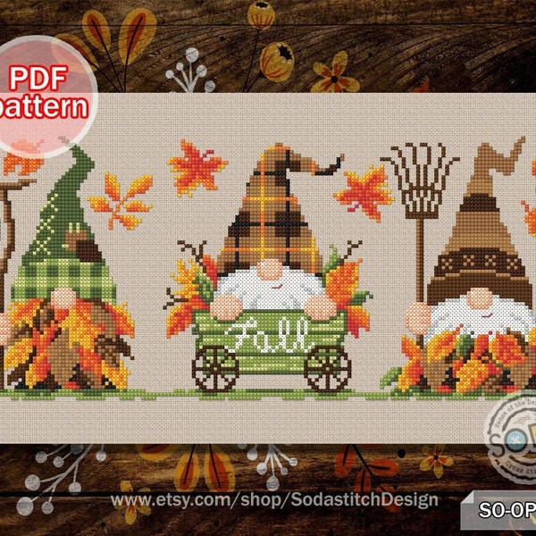 Cross Stitch Pattern pdf Gnome Autumn Fall Elf Fairy Easy Funny Modern for Beginner Download Counted Chart,SO-OP2109 'Leaves Collector'