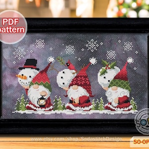 Christmas Cross Stitch Pattern pdf Gnome Santa Fairy Elf Pixie Winter Funny Modern Counted Instant Download,SO-OP2130 &#39;Snowman Delivery&#39;