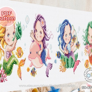 Cross Stitch Pattern pdf The Little Mermaid Fairy tale Story book Modern Under the sea,SO-OPG102 &#39;Mermaid Sisters&#39;
