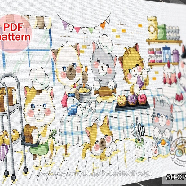 Cross Stitch patroon pdf katten Kitty Kitten schattige dieren moderne Instant pdf downloaden geteld, SO-OPG185 'Cats Bakery'