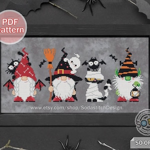 Cross Stitch Pattern pdf Halloween Gnome Funny Modern Season Autumn Fall Elf Fairy,SO-OP242 &#39;Halloween Friends&#39;