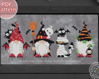 Patrón de punto de cruz en PDF: Gnomo, Hada, Elfo, Otoño Moderno, SO-OP242 'Amigos de Halloween'