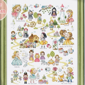 Cross Stitch Pattern pdf Prince Queen Princess White snow Rapunzel Story book Modern Instant pdf Download ,SO-OPG131 'Fairy Tale Land 2'