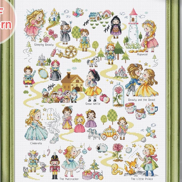 Cross Stitch Pattern pdf Prince Queen Princess White snow Rapunzel Story book Modern Instant pdf Download, SO-OPG131 'Fairy Tale Land 2'