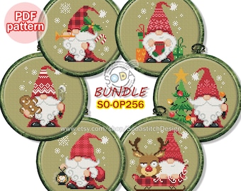 Christmas Ornament Cross Stitch Pattern pdf Santa Rudolph Snowflake Cute Funny for Beginner Instant Download,SO-OP256 &#39;Santa Gnome,BUNDLE&#39;