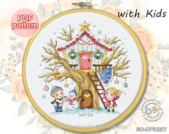 Cross Stitch Pattern pdf Tree House Winter Four Seasons modern instant pdf download counted chart,SO-OP3237 'Treehouse of Winter'