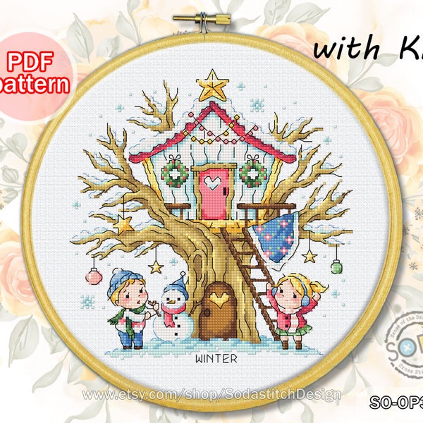 Cross Stitch Pattern pdf Tree House Winter Four Seasons modern instant pdf download counted chart,SO-OP3237 'Treehouse of Winter'