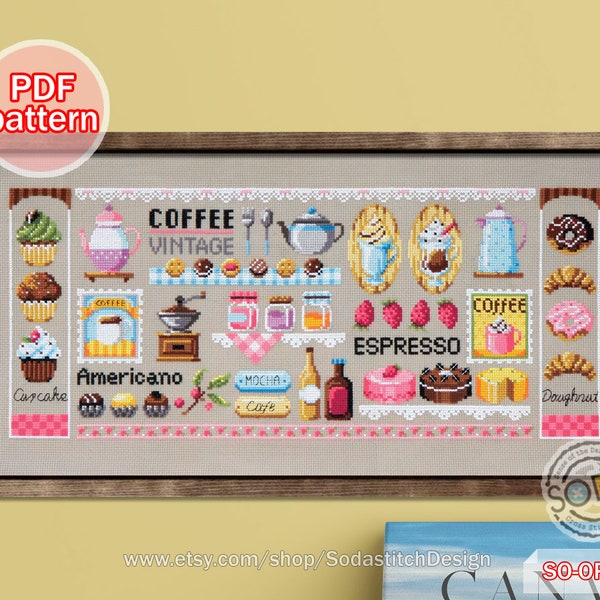 Cross Stitch Pattern pdf Sampler Dessert Cake Coffee Food Kitchen Decor Modern instant download,SO-OPG49 'The Dessert Shop'