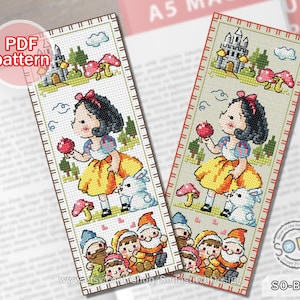 Cross Stitch Pattern pdf Bookmark Reading Fairy Tale Story Book Princess, SO-BM42 'Snow White'