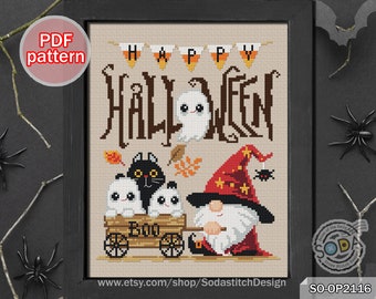 May include: Cross stitch pattern featuring a cute Halloween scene with a gnome, ghosts, and a black cat. The text "Happy Halloween" is displayed in a banner above the characters. The pattern is available as a PDF download.