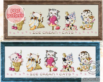 Cross Stitch Pattern pdf Ice Cream Cone Cat Kitten Kitty Cute Animal Summer Modern,SO-OPG82 'Ice Cats'