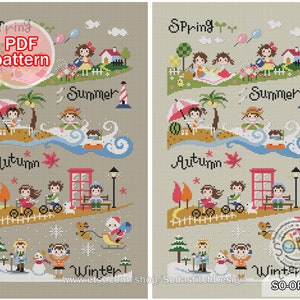 Four Season Cross Stitch Pattern pdf Spring Summer Fall Autumn Winter Modern Simple Easy Cute Landscape ,SO-OPG37 &#39;Petite Four Season&#39;