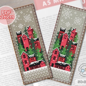 Bladwijzer kruissteekpatroon pdf Kerstmis Winter Vier seizoenen Forest House Town Instant download getelde grafiek, SO-BM17 'Winter Village'