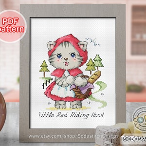 Cross Stitch Pattern pdf Little Red Riding Hood Cat Kitten Kitty Cute Animal Modern,SO-OPG151B &#39;The fairy tale of cats&#39;
