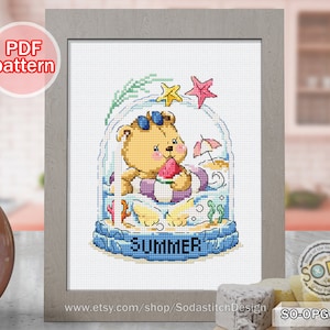 Kruissteekpatroon pdf Vier seizoenen zomer teddyberen schattig dier modern Instant pdf download getelde grafiek, SO-OPG157B 'Bear Water Ball'