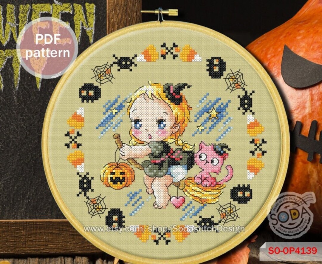 Little Witch Cross Stitch Pattern,halloween Spider Pumpkin Modern ...