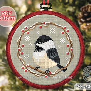 Cross Stitch Pattern pdf Winter Birds Christmas Hoop Ornament Snowflake Simple Easy for Beginner Download,SO-OP2132 'Winter Bird,CHICKADEE'