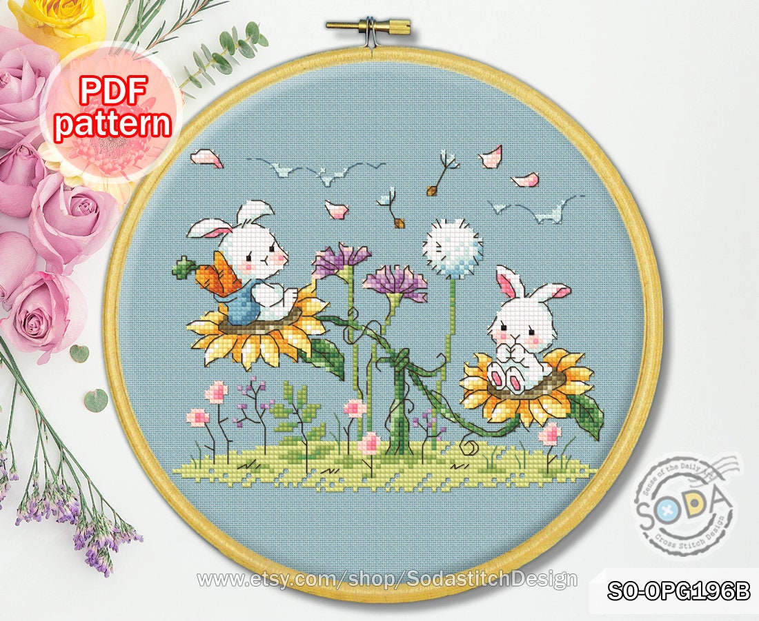Cross Stitch Pattern Pdf Rabbit Bunny Seesaw Happy Easter Modern, SO ...