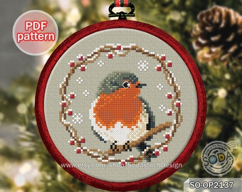 Cross Stitch Pattern pdf Winter Birds Christmas Hoop Ornament Snowflake Simple Easy Cute Animal Download,SO-OP2137 'Winter Bird,ROBIN'