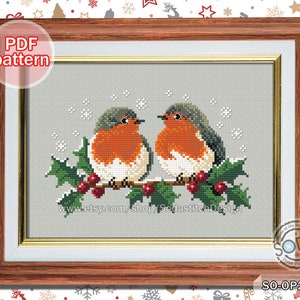 Kreuzstich Muster pdf Weihnachten Winter Vögel Rotkehlchen Urlaub für Anfänger Zählmuster, SO-OP2208 'Winter Rotkehlchen'