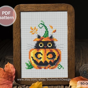 Cross Stitch Pattern pdf Ornaments Pumpkin Autumn Fall Modern, SO-OP217 'Halloween Black Cat'