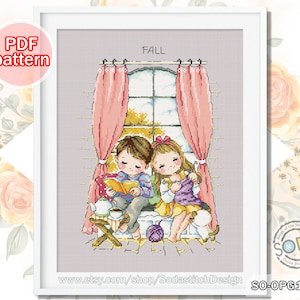 Cross Stitch Pattern pdf Four Season Fall Autumn Modern Counted Download,SO-OPG194C &#39;Four Season Window_Fall&#39;