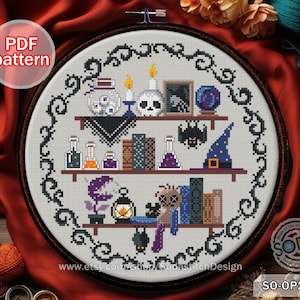 Kreuzstich Muster pdf Halloween Skelett Geist Kürbis Goth, SO-OP2230 'Hexenregal'