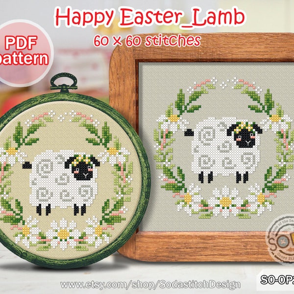 Happy Easter Cross Stitch Pattern pdf Lamb Sheep Spring Hoop Cute Animal Tiny Simple Easy for Beginner ,SO-OP2152 'Happy Easter_Lamb'